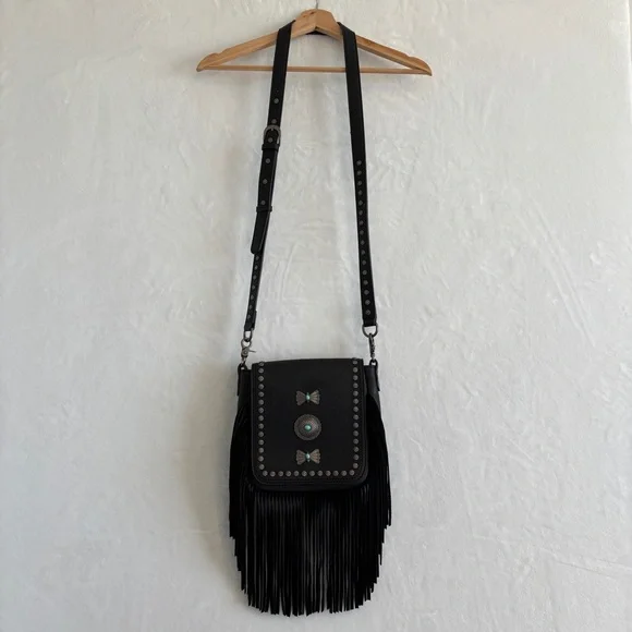 Montana West black leather Fringe Mariposa silver turquoise cross body bag purse - Picture 2 of 16